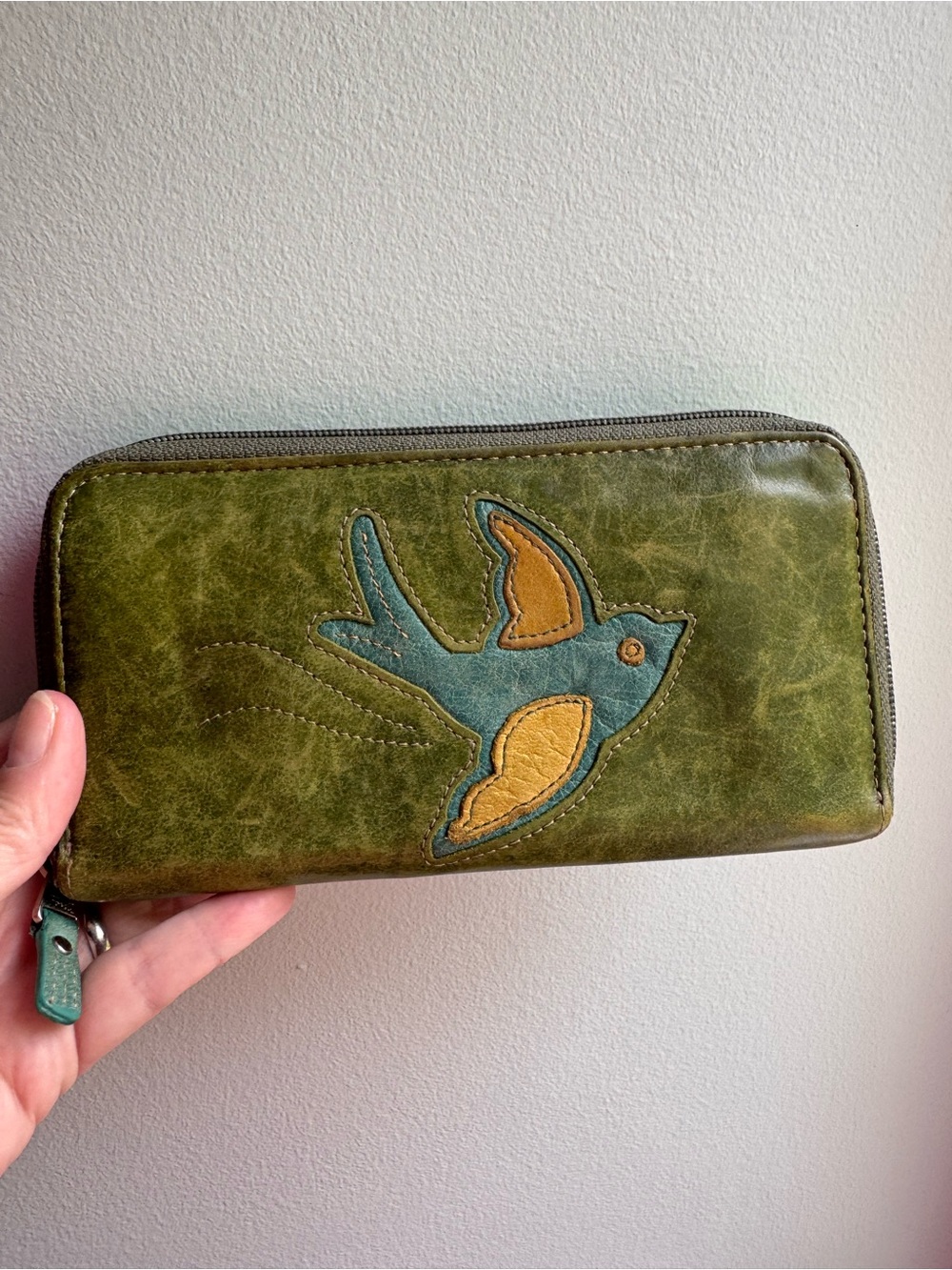 Fossil Green Leather Zip Wallet with Teal and Mustard Bird Appliqué